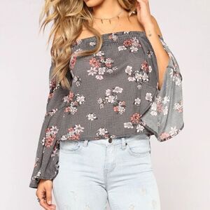 Fashion Nova Me Myself and My Floral Top Gray Floral Blouse Size Med